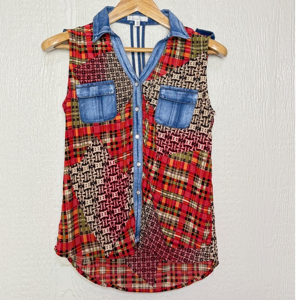 Winwin Apparel Mixed Media Patchwork Denim Sleeveless Top Red Plaid Large